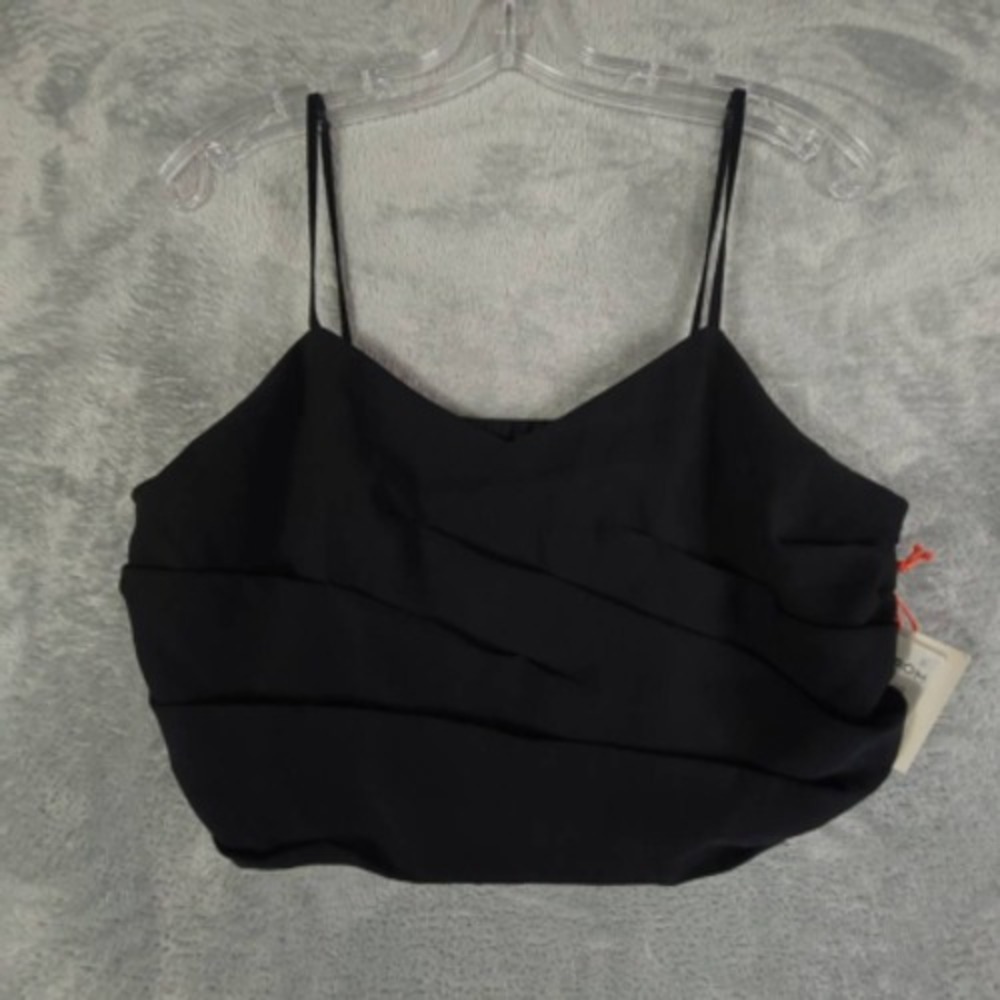 Open Edit Shirt Womens Crop Top Black Spaghetti Strap V Neck Pleated‎ M New
